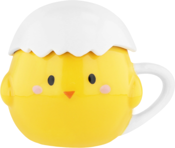 Żółty kubek w kształcie pisklęcia z białym wieczkiem imitującym skorupkę jajka. Widok z przodu, biały uchwyt.