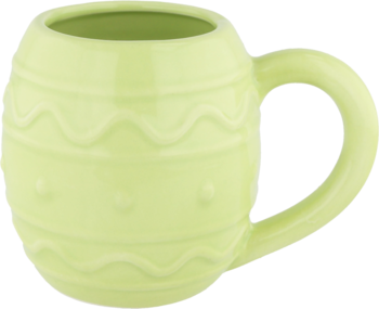 Jasnozielony kubek ceramiczny z uchwytem, ozdobiony wypukłym wzorem fal i kropek, widok z przodu pod kątem.