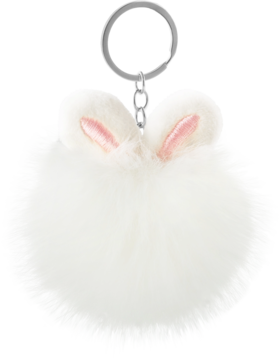 Puszysty biały brelok-pompon z króliczymi uszami i różowymi wnętrzami, na srebrnym kółku. Widok z przodu.