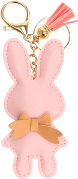 Różowy brelok-króliczek z filcu z brzoskwiniową kokardką, złote zapięcie z chwościkiem z ekoskóry.