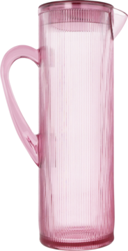 Różowy, przezroczysty plastikowy dzbanek na wodę z pionowymi żłobieniami, uchwytem i pokrywką, z przodu.