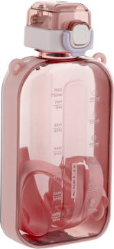 Przezroczysta, różowa płaska butelka na wodę 750ml z miarką czasu i paskiem, widok z przodu.
