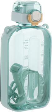 Płaska turkusowa butelka na wodę 750ml z miarką, szarą pokrywką, beżową blokadą. Widok frontalny.