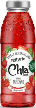 Naturio Chia seeds napój truskawkowy w butelce, z widocznymi nasionami chia i kroplami wody, bez cukru.