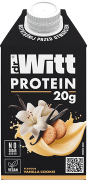 DR Witt Koktail proteinowy wanila, 20g protein. Czarny karton z wanilią i ciasteczkami, bez cukru, wegański, widok z przodu.
