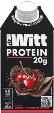 DR Witt Koktail proteinowy wiśnia-ciasteczko, 20g białka. Czarny karton z wiśniami i czekoladą. Widok z przodu.