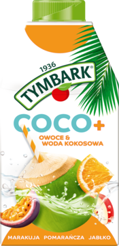 Biały karton Tymbark Coco+ z zielonym kokosem, marakują, pomarańczą, jabłkiem i wodą kokosową, widok z przodu.