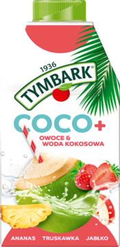 Tymbark COCO+ napój owocowy z wodą kokosową, karton, widok z przodu. Zawiera ananasa, truskawki, jabłko.