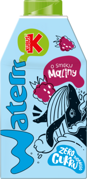 Kubuś Waterr malinowy, zero cukru, jasnoniebieski karton z rysunkiem wieloryba i owoców, zielona nakrętka, widok z przodu.