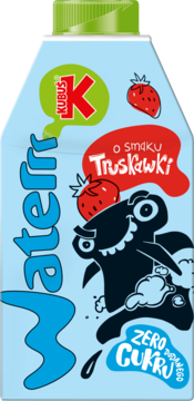 Jasnoniebieski karton wody smakowej Kubuś Waterrr truskawka, z zieloną nakrętką, zabawnym potworem, ZERO CUKRU.