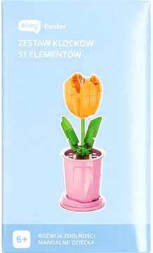 Zestaw klocków Eloy Easter 51 elementów: pomarańczowy tulipan w różowej doniczce, widok z przodu.