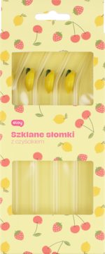 Eloy Słomki szklane owocowe z czyścikiem, trzy słomki z bananami w żółtym opakowaniu z owocami.