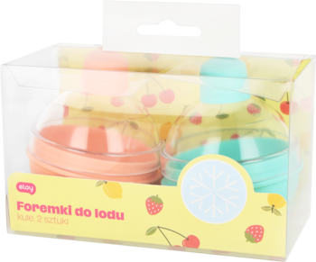 Zestaw Eloy: dwie foremki do lodu w kształcie kul, pomarańczowa i turkusowa, w przezroczystym pudełku.