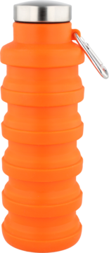 Pomarańczowa składana butelka na wodę Eloy 500ml z metalową nakrętką i karabińczykiem, widok z przodu.