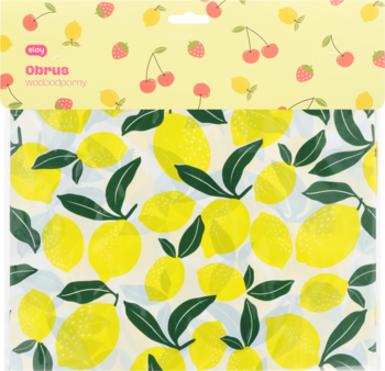 Eloy obrus piknikowy 150x180cm z wzorem żółtych cytryn. Widok złożonego obrusa w opakowaniu z grafiką owoców.