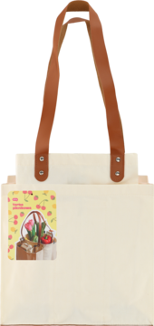 Eloy torba piknikowa, kremowe płótno, brązowe uchwyty z nitami, ozdobny tag z wiśniami i tulipanem, widok z przodu.