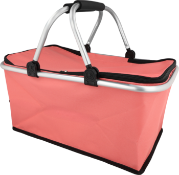 Eloy kosz piknikowy 47x27x22cm, składany, koralowy z czarnym zamkiem i aluminiowymi uchwytami, widok przód.