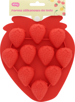 Czerwona silikonowa forma do lodu Eloy w kształcie truskawki, z 9 wgłębieniami truskawkowymi, z opakowaniem.