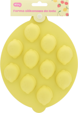 Żółta, silikonowa forma do lodu Eloy z dziewięcioma zagłębieniami w kształcie cytryn, widok z góry na czarnym tle.
