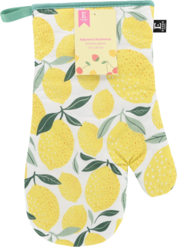 Biała rękawica kuchenna w cytryny, z żółtymi owocami i zielonymi liśćmi, widok z przodu z etykietą E.