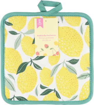 Biała łapka kuchenna z wzorem w żółte cytryny i zielone liście, miętowe obszycie i uchwyt do zawieszenia.