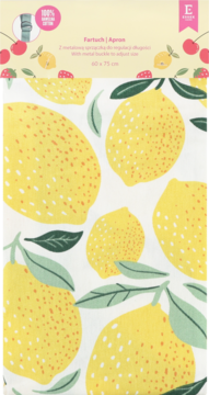 Zapakowany bawełniany fartuch kuchenny 60x75 cm, wzór w żółte cytryny i zielone liście, widok z przodu.