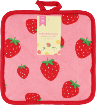 Różowa kwadratowa podkładka kuchenna w czerwone truskawki, z czerwoną lamówką i pętelką, widoczna metka.