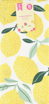 Biała ścierka kuchenna z cytrynowym wzorem i zielonymi listkami, z metką produktu, widok z góry.