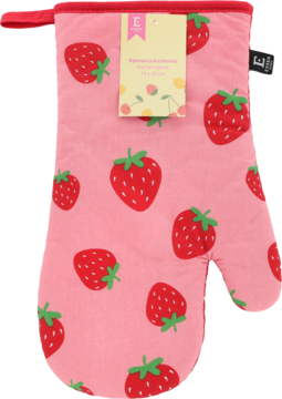 Różowa rękawica kuchenna w truskawki, z zielonymi łodygami, widok z przodu z metką producenta.