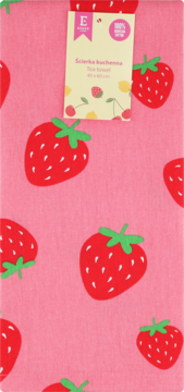Różowy ręcznik kuchenny 100% bawełna z motywem czerwonych truskawek, widok z przodu z etykietą.