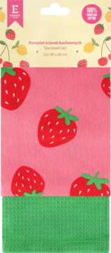 Komplet ścierek kuchennych: różowa w czerwone truskawki i zielona waflowa, w opakowaniu z owocami, widok z przodu.