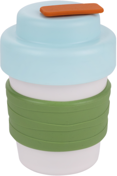 Biały kubek wielorazowy z niebieską pokrywką, pomarańczowym zamknięciem i zielonym uchwytem, widok pod kątem.