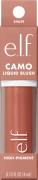 e.l.f. Camo Liquid Blush High-Pigment w odcieniu miedziano-brązowym, w różowym opakowaniu z okienkiem.