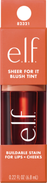 e.l.f. Sheer For It Blush Tint w odcieniu 82321, w pomarańczowym kartoniku z przezroczystym okienkiem, widok z przodu.