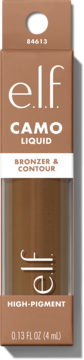 e.l.f. Camo Liquid Bronzer & Contour, brązowe opakowanie z przezroczystym oknem, napis HIGH-PIGMENT.