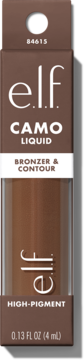e.l.f. Camo Liquid Bronzer & Contour, odcień 84615, brązowy płyn w pudełku z przezroczystym panelem.