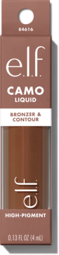 Front view of e.l.f. Camo Liquid Bronzer & Contour (84616) in reddish-brown box with clear window, high-pigment.