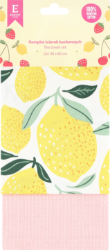 Zestaw ścierek kuchennych, opakowanie z wzorem cytryn i truskawek, dół różowy, widok z przodu.