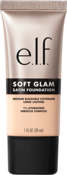 Podkład e.l.f. Soft Glam Satin w beżowej tubce z rose gold i czarną matową podstawą, widok z przodu.