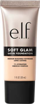 Podkład e.l.f. Soft Glam Satin w beżowej tubce z rose gold i czarną matową podstawą, widok z przodu.