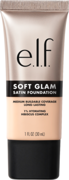 e.l.f. Soft Glam Satin Foundation, nawilżający podkład do twarzy w jasnej tubce, widok z przodu.