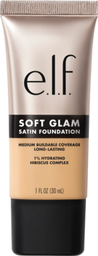 Tubka podkładu e.l.f. Soft Glam Satin Foundation o pojemności 30ml, w kolorze jasnego beżu, z czarną nakrętką, widok z przodu.