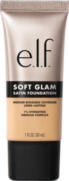 Tubka podkładu e.l.f. Soft Glam Satin Foundation o pojemności 30ml, w kolorze jasnego beżu, z czarną nakrętką, widok z przodu.