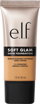 e.l.f. Soft Glam Satin Foundation, beżowa tubka 30ml, nawilżający podkład o satynowym wykończeniu, widok z przodu.