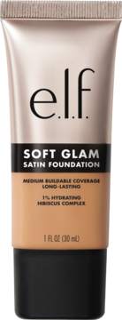 e.l.f. Soft Glam Satin Foundation: beżowa tubka z czarnym korkiem, widok z przodu. Długotrwały, nawilżający podkład.