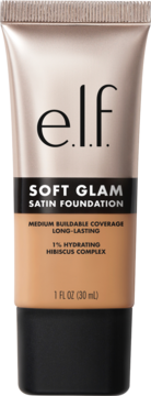e.l.f. Soft Glam Satin Foundation: beżowa tubka z czarnym korkiem, widok z przodu. Długotrwały, nawilżający podkład.
