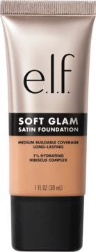 Nawilżający podkład e.l.f. Soft Glam Satin Foundation w beżowej tubce, średnie krycie, widok z przodu.