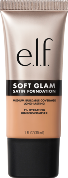 Nawilżający podkład e.l.f. Soft Glam Satin Foundation w beżowej tubce, średnie krycie, widok z przodu.