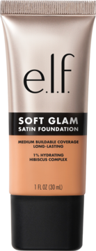 e.l.f. Soft Glam Satin Foundation, brzoskwiniowa tubka z czarnym dołem, 1% kompleks hibiskusa, widok z przodu.