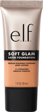 e.l.f. Soft Glam Satin Foundation, brzoskwiniowa tubka z czarnym dołem, 1% kompleks hibiskusa, widok z przodu.
